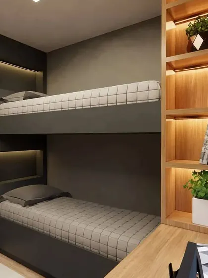A space-saving bunk bed design with built-in niches with lighting, perfect for a compact kids' room.