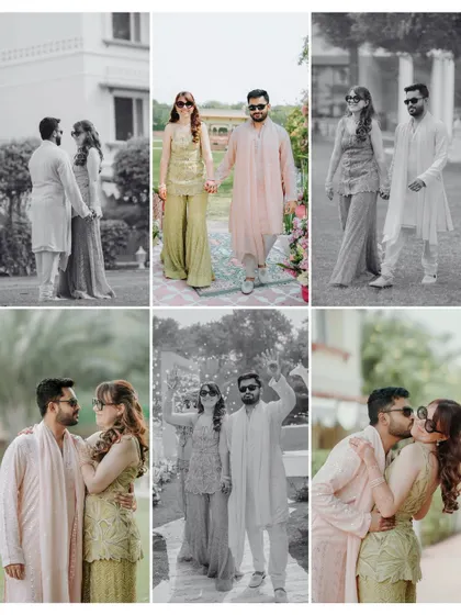 A six-photo collage in both color and black and white, capturing a variety of romantic and playful moments between the couple during their Mehendi.