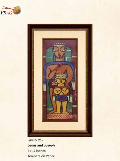 A rare piece by the master Jamini Roy, 'Jesus and Joseph', rendered in his iconic folk style with bold lines and earthy colors.