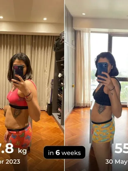 A duplicate of image 212, celebrating the 6-week journey from 57.8 kg to 55 kg. Quick, sustainable results are possible.