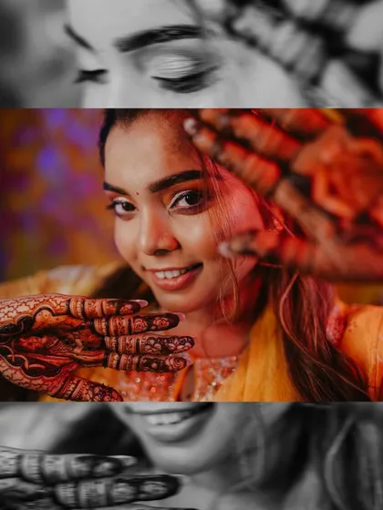 A creative and artistic portrait of the bride, with a mix of color and black and white, highlighting her expressive eyes and beautiful mehndi.