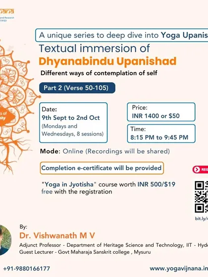 Flyer for the Dhyanabindu Upanishad (Part 2) course, covering verses 50-105 and exploring topics like the ten types of Prana, Kundalini awakening, and various mudras.