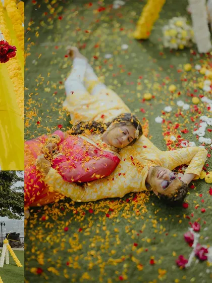 A collage featuring a romantic aerial shot of the couple lying amidst petals, combined with details of the Haldi decor.