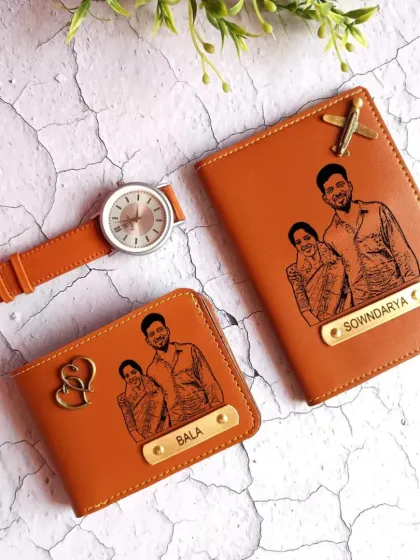 I can engrave your favorite photos directly onto my faux leather products. This matching set of a wallet and passport holder features a beautiful couple's portrait, creating a truly one-of-a-kind accessory.