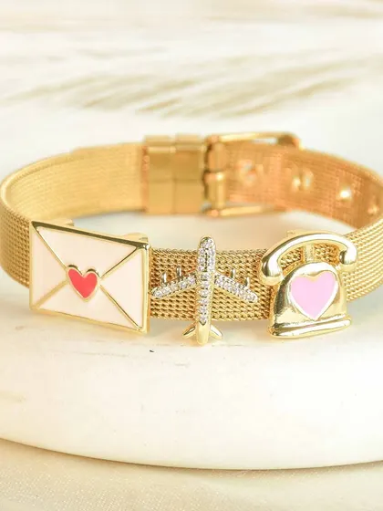 For the jet-setter with a heart of gold. This watch belt features a love letter, an airplane, and a retro telephone charm, telling a story of long-distance love.
