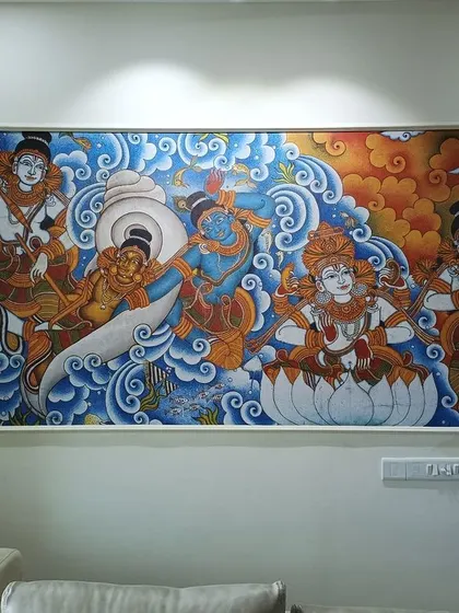 A vibrant Kerala-style mural, rich in color and detail, depicting a scene with Hindu deities.