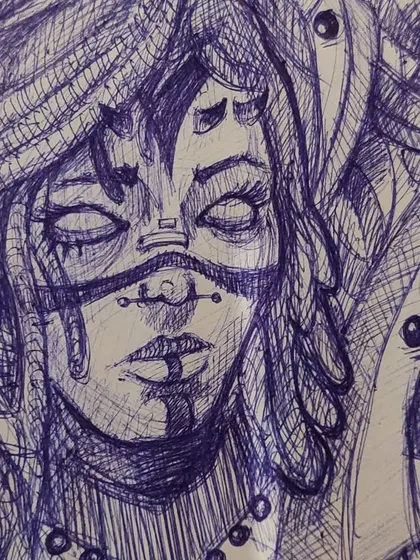 A close-up view of the fantasy character's face. This detailed shot shows the fine linework used to create the texture of the hair and the subtle shading on the skin, all done with a ballpoint pen.