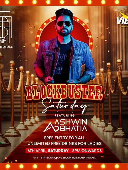 A Blockbuster Saturday at the brand new Shift Rooftop in Marathahalli. A poster for an electrifying night of Bollywood and Punjabi music.