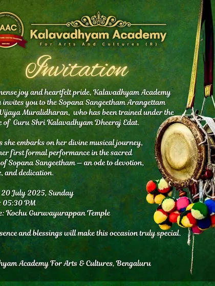 An invitation to the Sopana Sangeetham Arangettam of Smt. Vijaya Muralidharan. We celebrate her dedication as she embarks on her first formal performance.