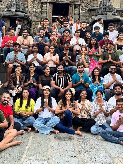 A large group photo at the historic Belur Temple, which we often visit as part of our Chikmagalur district treks.