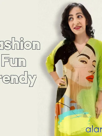 A fun and trendy kurti in a vibrant green, featuring a modern, abstract portrait. Each kurti I paint is a unique piece, designed to be both fashionable and a conversation starter.