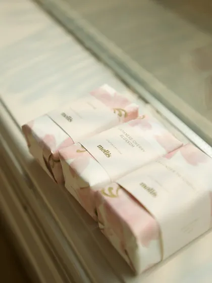 A line of the Japanese Cherry Blossom soaps, part of the large custom order for a baby announcement.