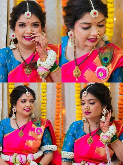 A set of close-up portraits of the mother-to-be, capturing her beautiful makeup, traditional jewellery, and happy expressions.
