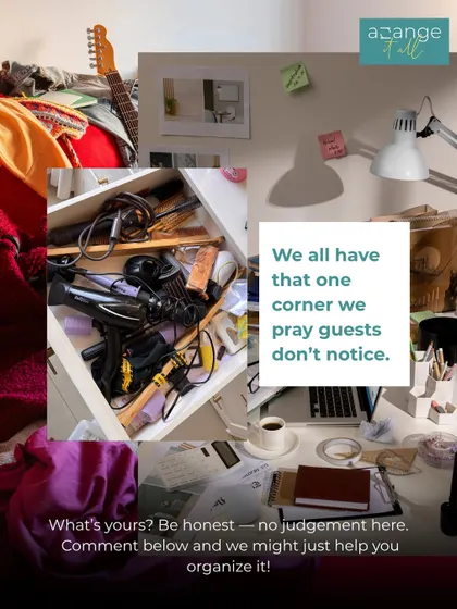 We all have that one corner we pray guests don't notice. This collage shows common clutter spots like messy desks and overflowing drawers.
