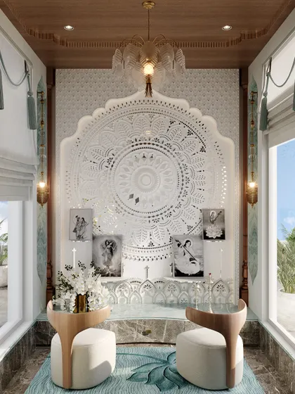 This mandir is a serene sanctuary bathed in light, placed in a prime corner of the home. A traditional white jali mandala serves as the focal point, creating a space that feels both elegant and deeply spiritual.