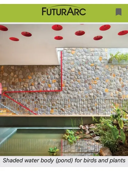 A feature in FuturArc magazine highlighting the shaded water body in the People Tree House. The publication recognized the project for its focus on designing for all species and creating spaces for nature to thrive.