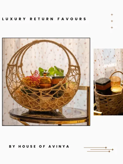 This collage highlights our popular eco-friendly macrame return favour basket. It's a stylish and sustainable choice for clients who want to give a gift that is both beautiful and reusable.
