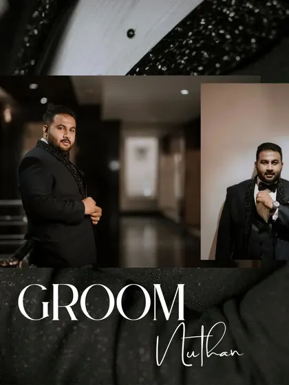 A collage of the groom, Nuthan, looking sharp in his tuxedo. These portraits capture his confident style and the classic details of his reception look.