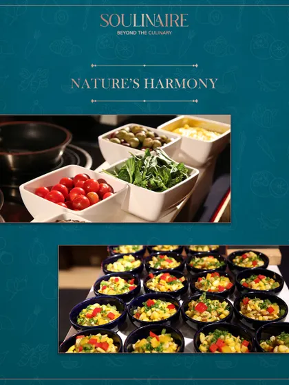 A collage showcasing nature's harmony, with fresh salad bars and corn salads. We use the best of nature's bounty to create our wellness menus.