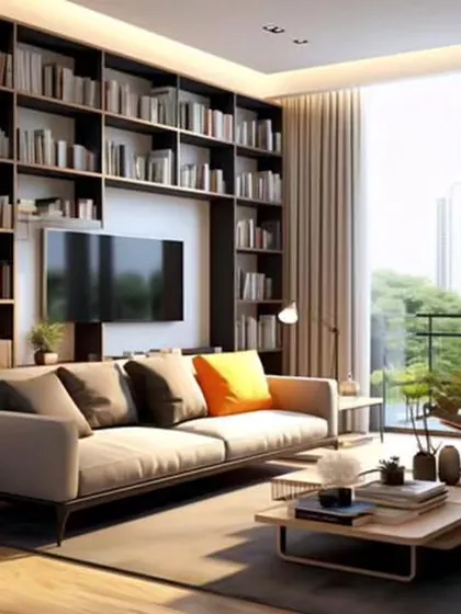 This design integrates a full-wall library with the entertainment center. The expansive dark wood bookshelf creates a dramatic and scholarly backdrop for the living room, perfect for avid readers.
