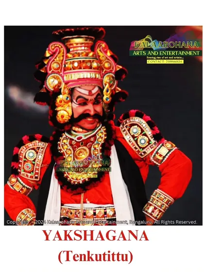 A close-up of a Yakshagana artist in the Tenkutittu style, known for its distinct costume and dynamic movements. We are one of the few troupes that offer authentic performances in this specific regional style.