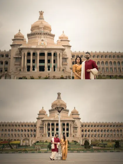 A diptych showing both a wide and a close-up view of the couple at Vidhana Soudha, showcasing the scale and the intimacy of the moment.