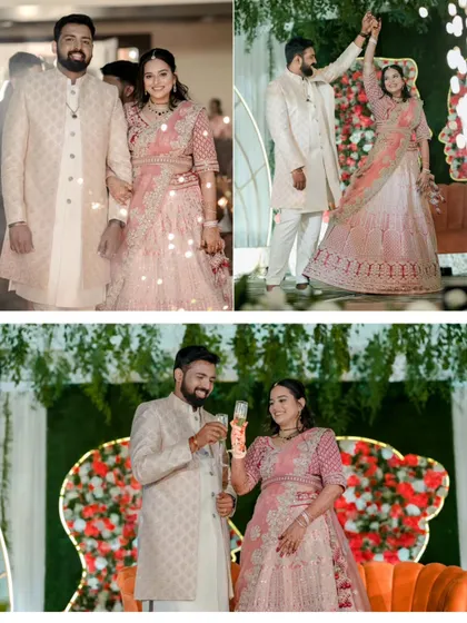 A collage of reception moments, including the grand entrance, a celebratory dance, and a champagne toast.