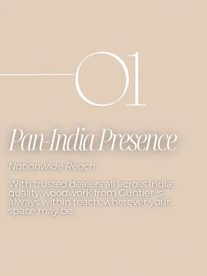 I have a pan-India presence. With trusted dealers across the country, quality woodwork from Guntier is always within reach, wherever your project may be.