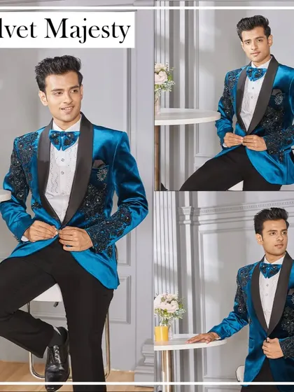 This is not just a tuxedo, it is a statement. Crafted from luxurious blue velvet with intricate sleeve embroidery, this piece is designed for the man who is ready to own the spotlight at any high-profile party or reception.