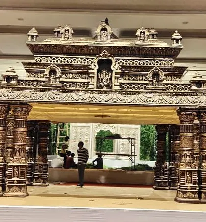 A grand entrance sets the tone for the wedding. This temple-style gate was designed to match the main stage, creating a cohesive and impressive welcome for guests.