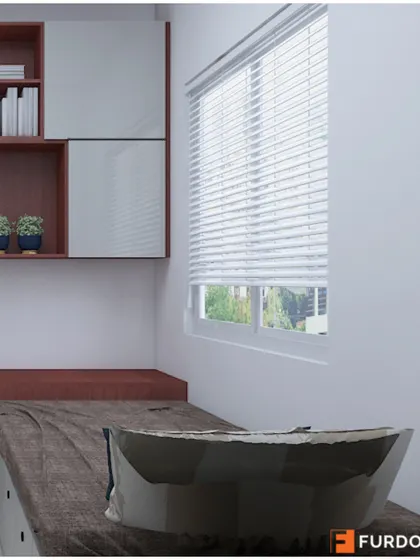 A classic white and brown study unit with ample storage and a seating space near the window.