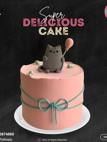 A purr-fectly charming kitty cake. This elegant pink cake is wrapped with a delicate bow and topped with a cute grey cat holding a balloon, ideal for a cat lover's celebration.
