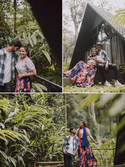 A collage from a pre-wedding shoot in a lush, green location, capturing the couple's playful and romantic interactions.