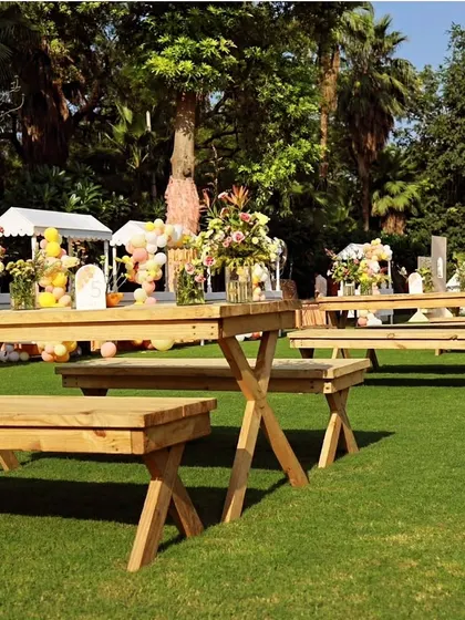 Rustic wooden picnic tables and benches set up on a sunny lawn, creating a relaxed and inviting atmosphere for a mimosa brunch.