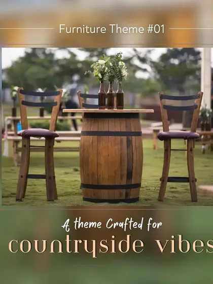 For a relaxed, countryside vibe, we used rustic wooden picnic tables and benches, decorated with simple runners of fresh greenery. This setup creates an informal and inviting space for guests to connect.
