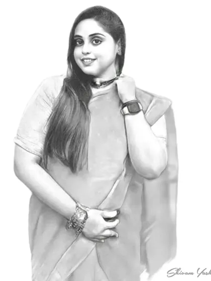 This sketch of a client in a saree shows how I capture both the person and their personal style, including accessories like her smartwatch.