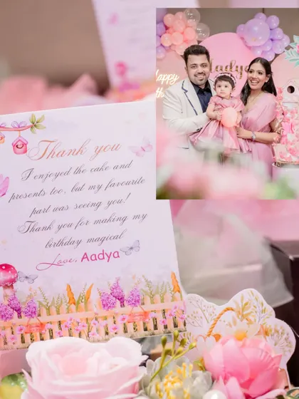 A personalized thank-you note from baby Aadya, a sweet detail from her enchanted garden first birthday party.