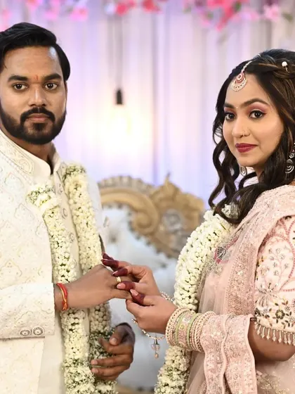 A wedding is about the couple, and I make sure both the bride and groom look their absolute best. Here you can see a beautiful engagement ceremony look, with coordinated soft glam for the bride and subtle, fresh makeup for the groom.