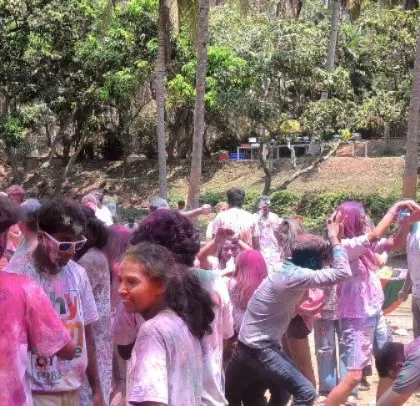 The vibrant scene of the Holi party, with guests covered in colors, dancing and celebrating under the sun.