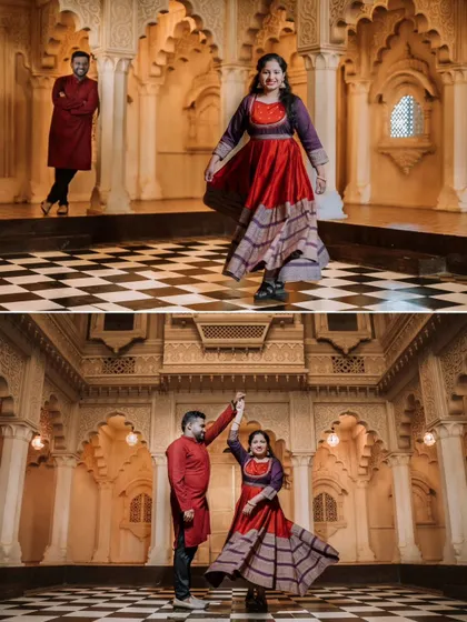 A collage capturing a couple's dance and playful moments on a checkered floor in a palace-like setting.