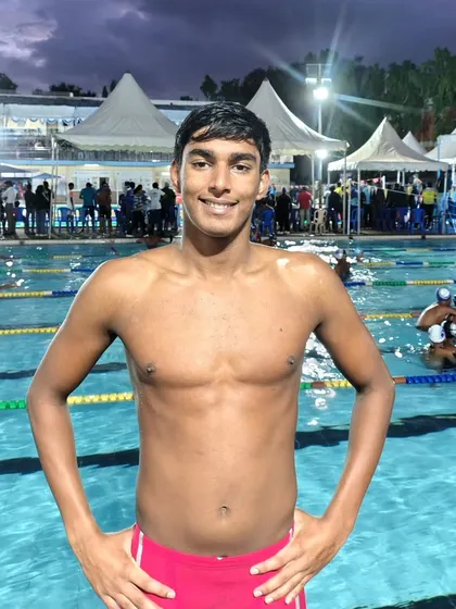 Dharshan S after his record-breaking gold medal swim in the 200m Butterfly.