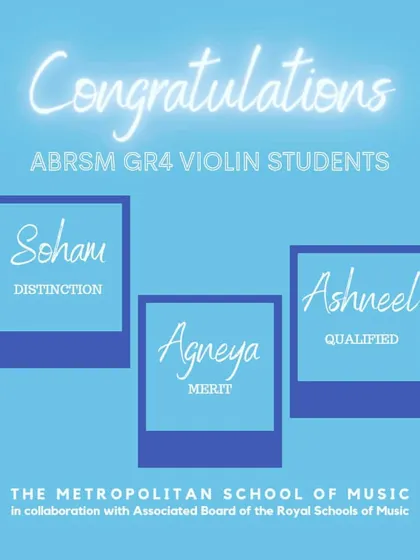 We are thrilled to congratulate our ABRSM Grade 4 violin students Soham, Agneya, and Ashneel on their excellent results. Their success in achieving Distinction, Merit, and Qualification showcases the effectiveness of our online training.