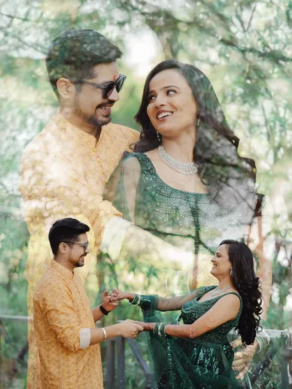 A dreamy double exposure that layers multiple moments of joy and connection from the couple's garden shoot. This style adds a touch of magic and artistry to the collection.