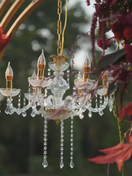 A close-up of the elegant mini chandelier, a key detail that adds a touch of classic glamour to the outdoor dinner setting.