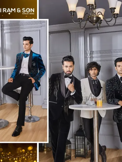 Iss shaam, apni classy look se sabko chhodiye hairaan! A group of gentlemen looking dapper in our collection of velvet and embellished tuxedos.