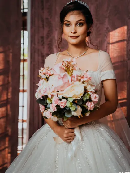 A stunning portrait of the bride holding her bouquet, her elegant pose and beautiful gown on full display.