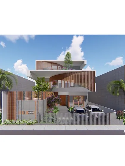 A frontal view of the residence, highlighting the dynamic, curved wooden facade that wraps around the structure. This element provides both visual interest and privacy for the inhabitants.