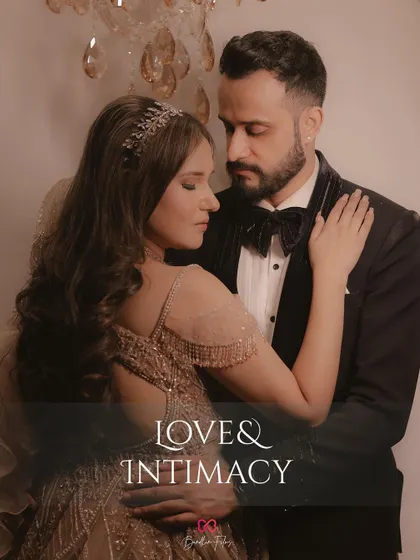 A close, intimate portrait that speaks of love and connection, perfect for a glamorous indoor engagement shoot.