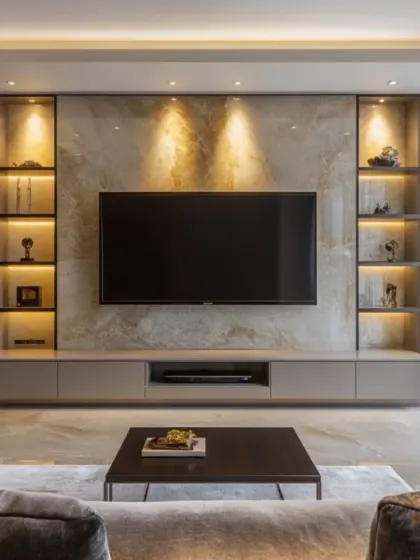 This television unit is designed as a sophisticated focal point, featuring a stunning marble accent wall flanked by custom, back-lit display shelves. The floating console provides sleek, minimalist storage, creating a look that is both functional and exceptionally stylish for a modern living room.