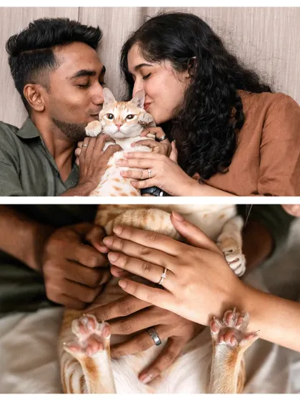A collage showing the happy couple kissing their cat, Toffee, and a close-up of their hands and his paws. These are the details that make a pet-inclusive engagement shoot so special.
